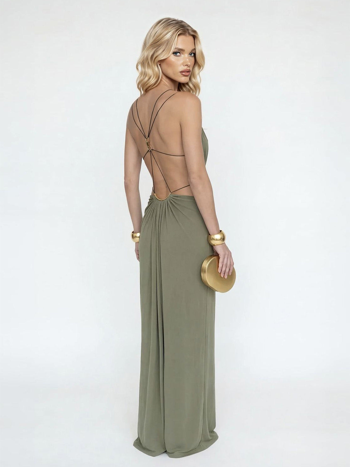 Sexy Metal Chain Cut-Out Backless Lace-Up Draped Maxi Dress