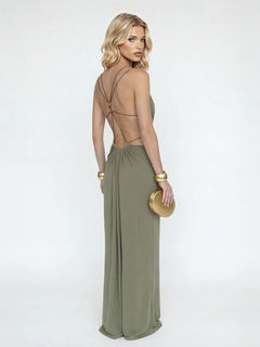 Sexy Metal Chain Cut-Out Backless Lace-Up Draped Maxi Dress