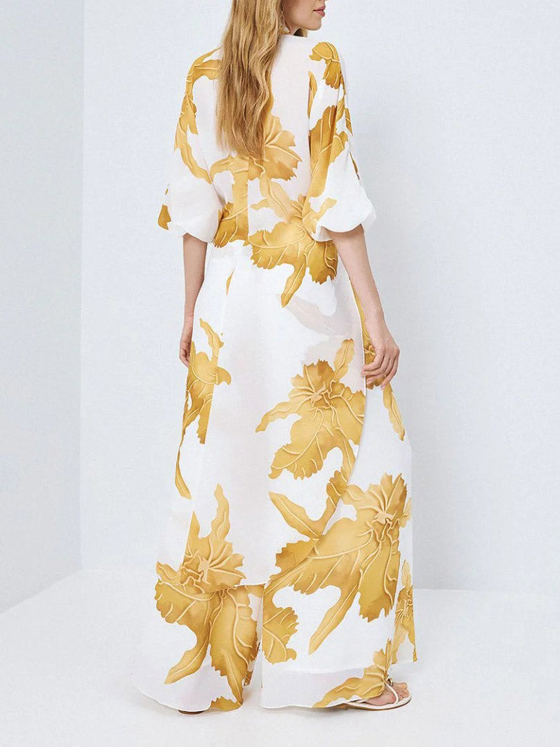 Elegant Gold Floral Print Two Piece Set