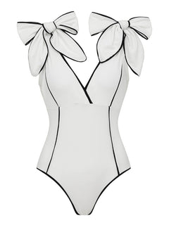 Sexy Black And White Colorblock Bow One-Piece Swimsuit