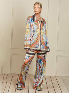 Unique Satin Sunshine Print Turn-Down Collar Loose Fit Shirt And Elastic Waist Wide Leg Pants Set