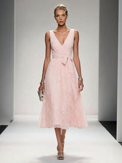 Elegant V-Neck Lace Embroidered Tie-Front Midi Dress