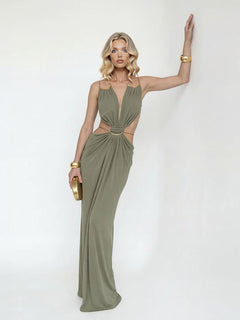 Sexy Metal Chain Cut-Out Backless Lace-Up Draped Maxi Dress
