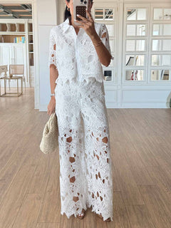 Casual Cutout Lace Short Sleeve Shirt