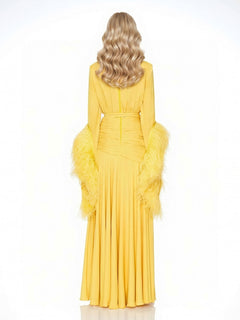 Elegant V-Neck Feather Cuff Flowing Chiffon Maxi Dress