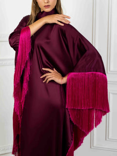 Elegant High-Neck Fringe Trim Asymmetrical Maxi Dress