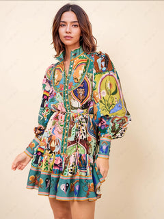 Graffiti Casual Evergreen Printing Mini Dress-Likemychoice