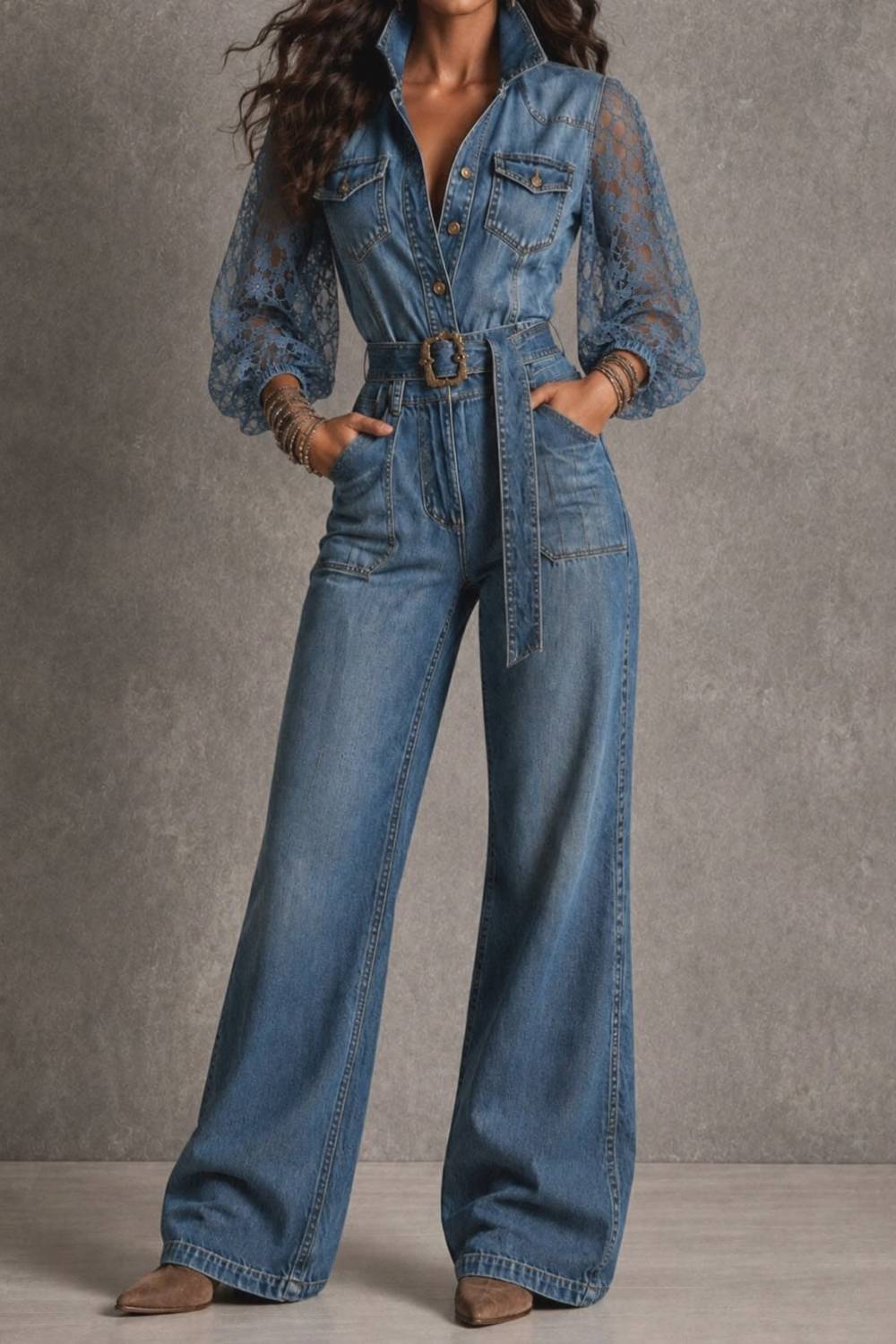 Lace Splice Belted Waist Wide‑Leg Denim Jumpsuit