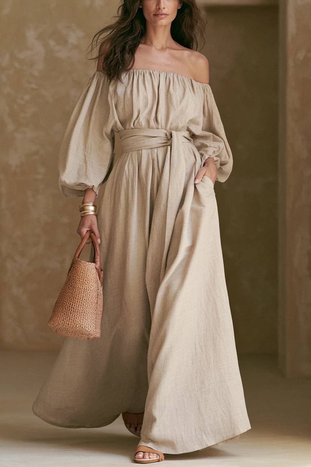 Off-shoulder Puff-sleeve Lace-up Wide-leg Jumpsuit