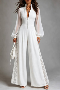 Stand Collar Zip Front Sheer Long Sleeve Lace Panel Wide Leg Jumpsuit