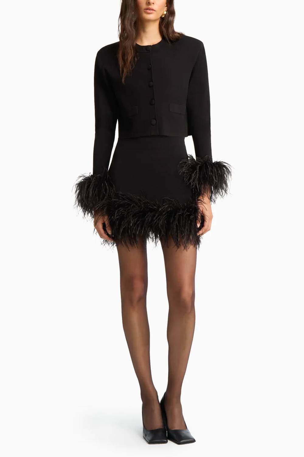 Cropped Jacket & Feather Hem Mini Skirt Two Piece Set