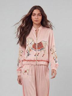 Exquisite Satin Horse Print Zip-Up Shirt