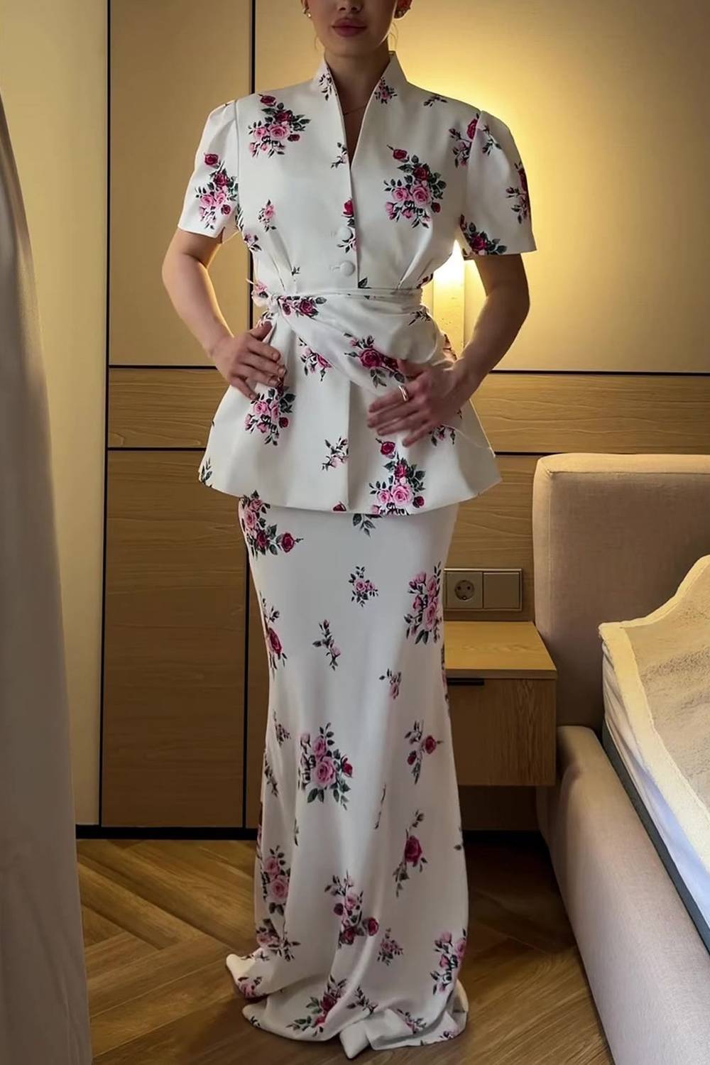 Stand‑Collar V‑Placket Puff‑Sleeve Floral Print Peplum Top & Mermaid Floor‑Length Maxi Skirt Two‑Piece Set