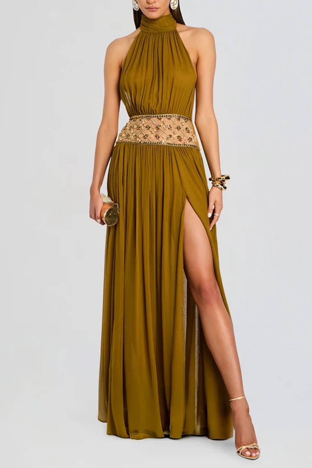 Halter High‑Neck Beaded Mesh Waist High‑Slit Maxi Evening Dress