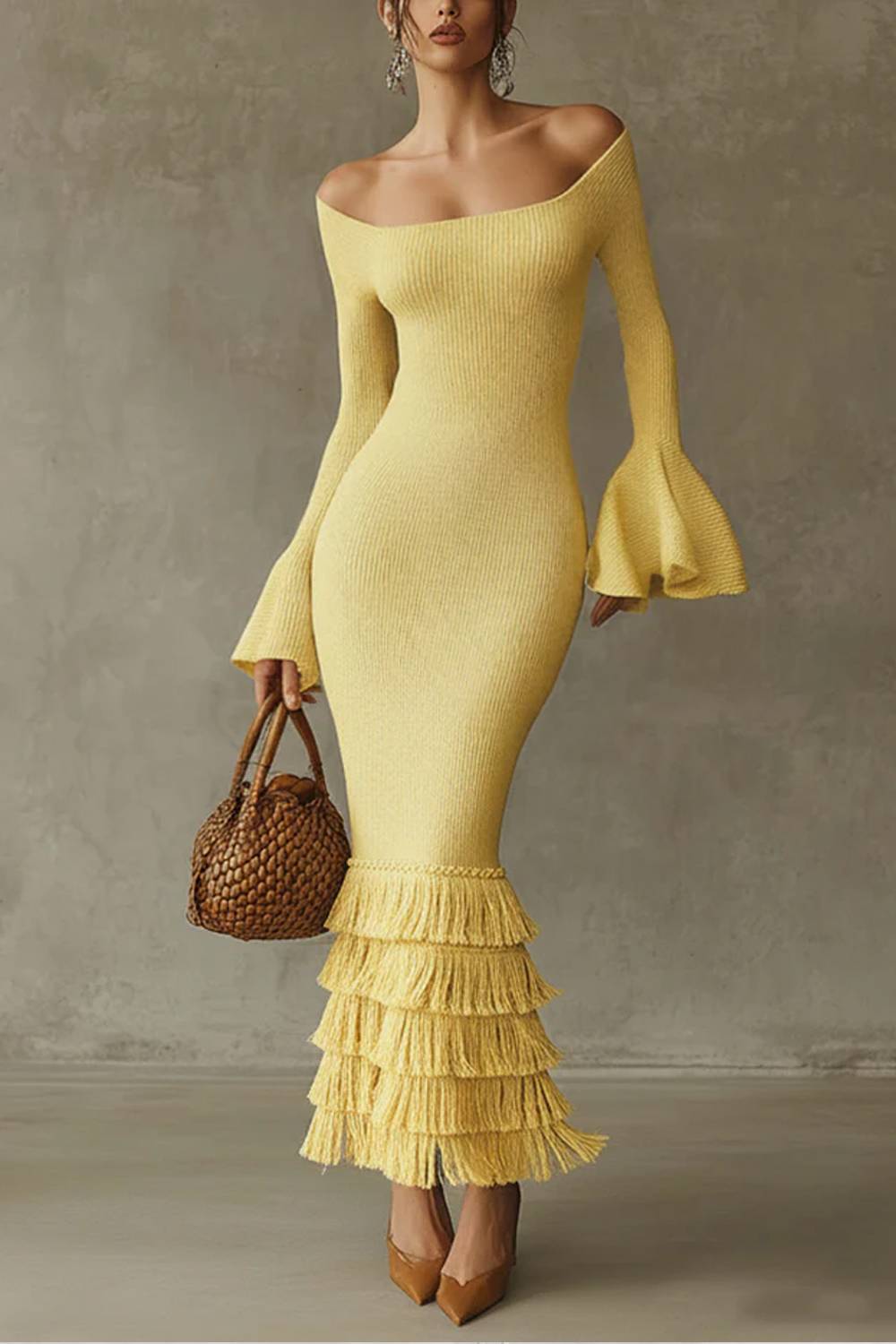 Off-shoulder Bell-sleeve Multi-layer Fringed Knit Dress