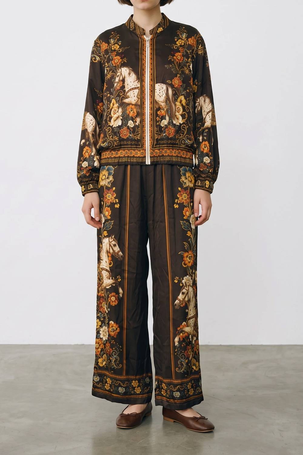 Vintage Horse Floral Print Zip‑Up Bomber Jacket & Wide‑Leg Pants Two‑Piece Set