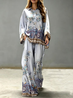 Exquisite Floral Paisley Print Satin Button Shirt