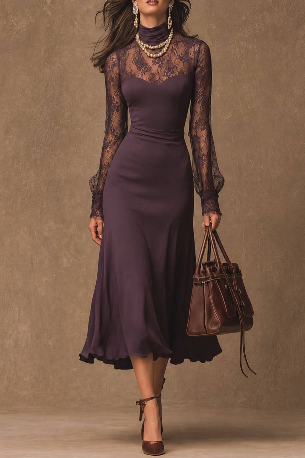 Lace Mock Neck Long Sleeve Flared Midi Evening Dress