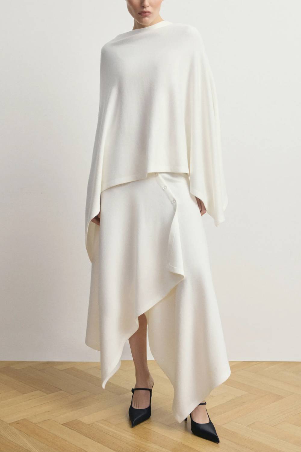 Draped Cape Top & Asymmetric Midi Skirt Two Piece Set