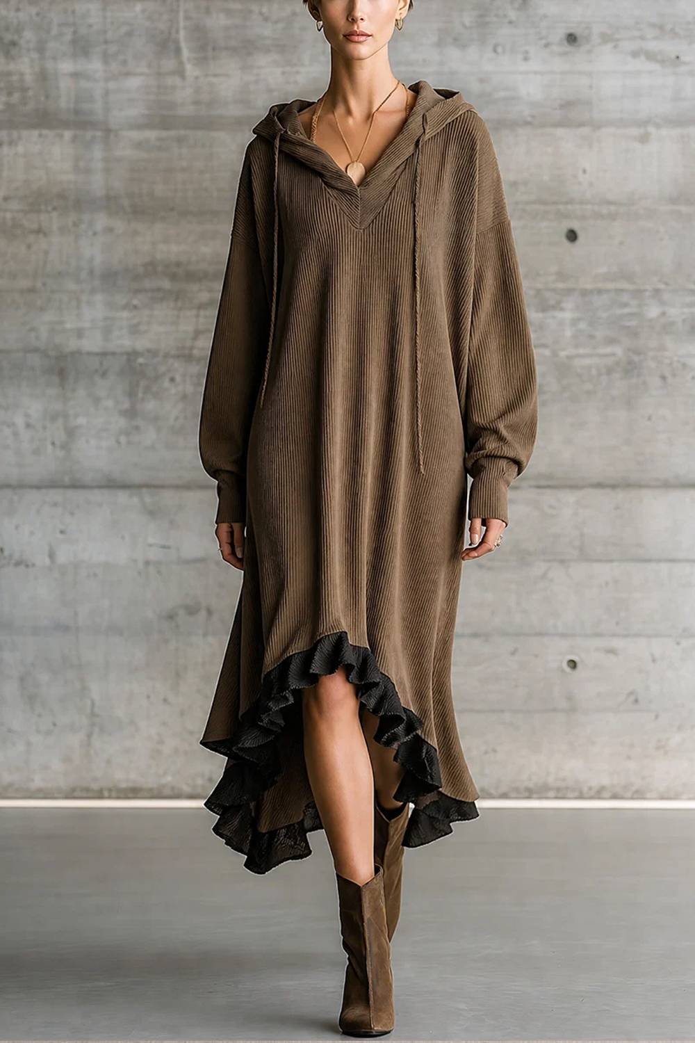 فستان ميدي غير منتظم مكشكش بقلنسوة ورقبة على شكل حرف V