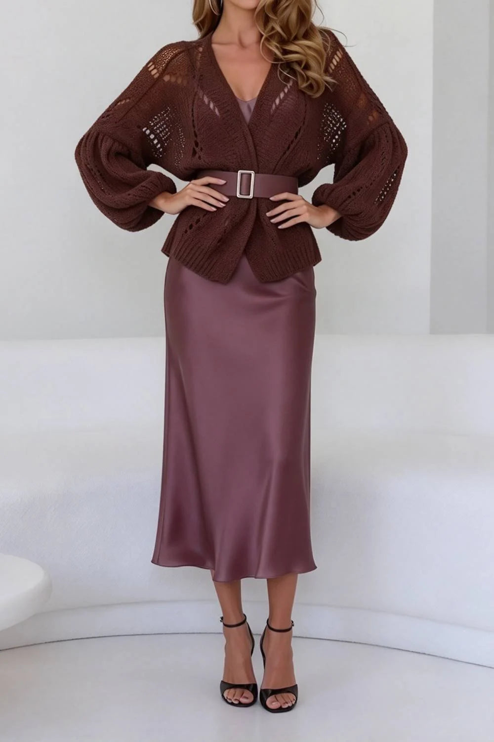 Women Brown Open Knit Balloon Sleeve Cardigan and Satin Midi Skirt Two Piece Set