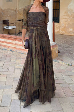 Strapless Ruched Crop Top and Flowing Maxi Skirt Floral Two Piece Set