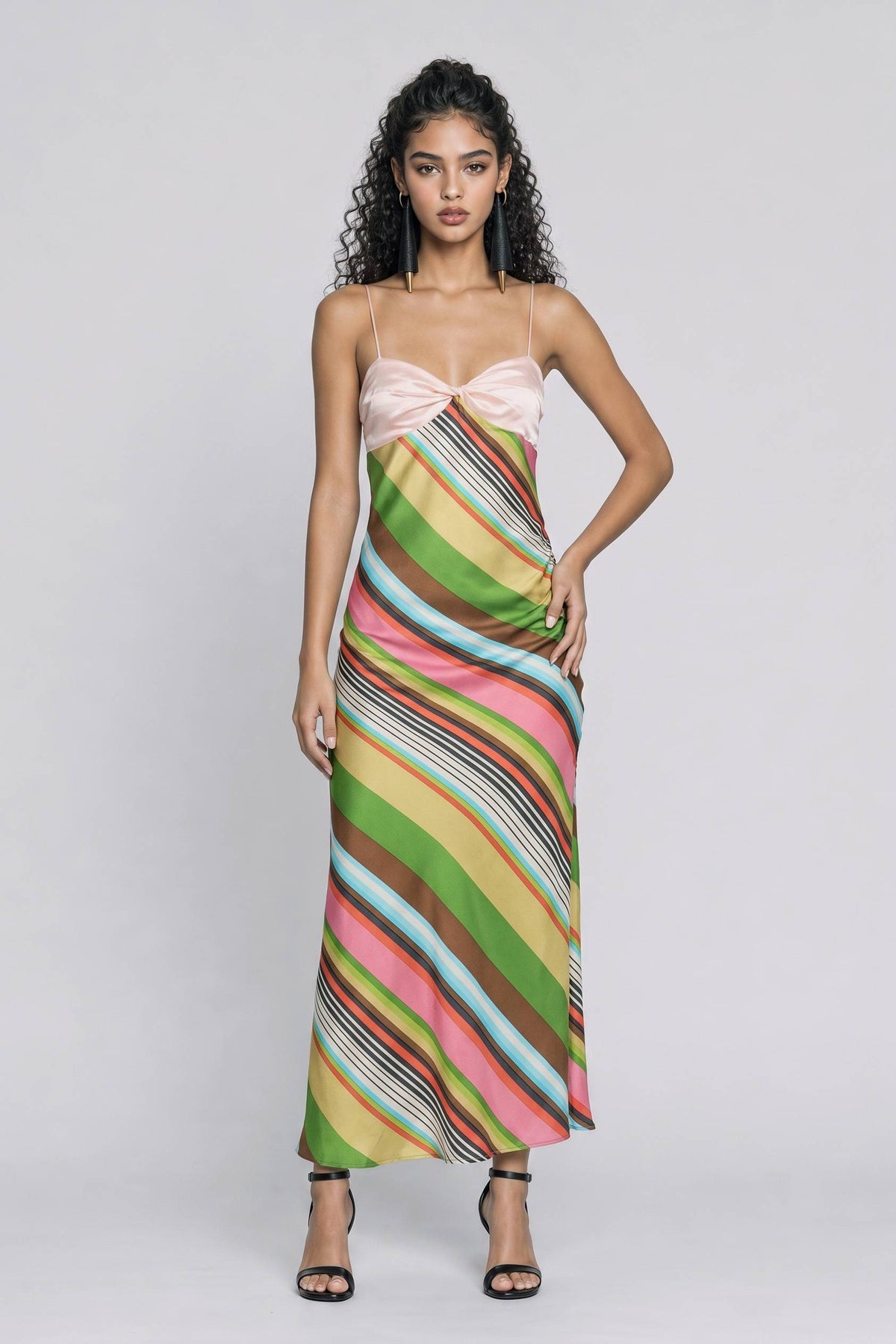 Pink Satin Twisted Thin Strap Colorful Slant Striped Satin Slim-Fit Midi Dress