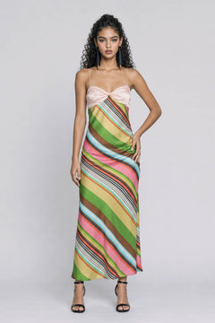 Pink Satin Twisted Thin Strap Colorful Slant Striped Satin Slim-Fit Midi Dress