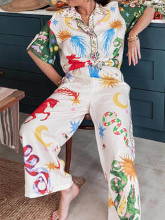 Unique Print Short Sleeve Loose Shirt And Elastic Waist Pants Set