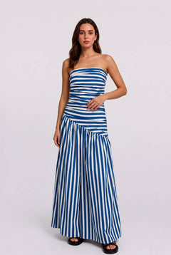 Blue And White Striped Strapless Pleated Asymmetrical Stitching Long Dress