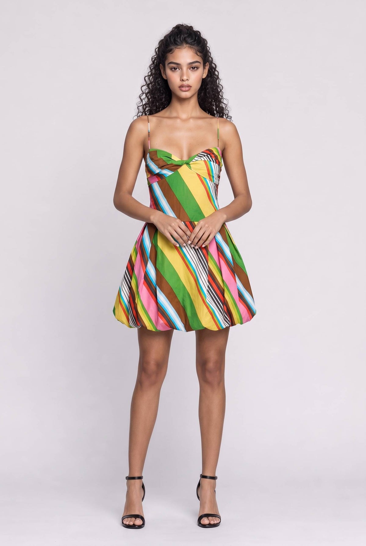 Colorful Oblique Stripe Thin Strap Tight Waist Bubble Short Dress
