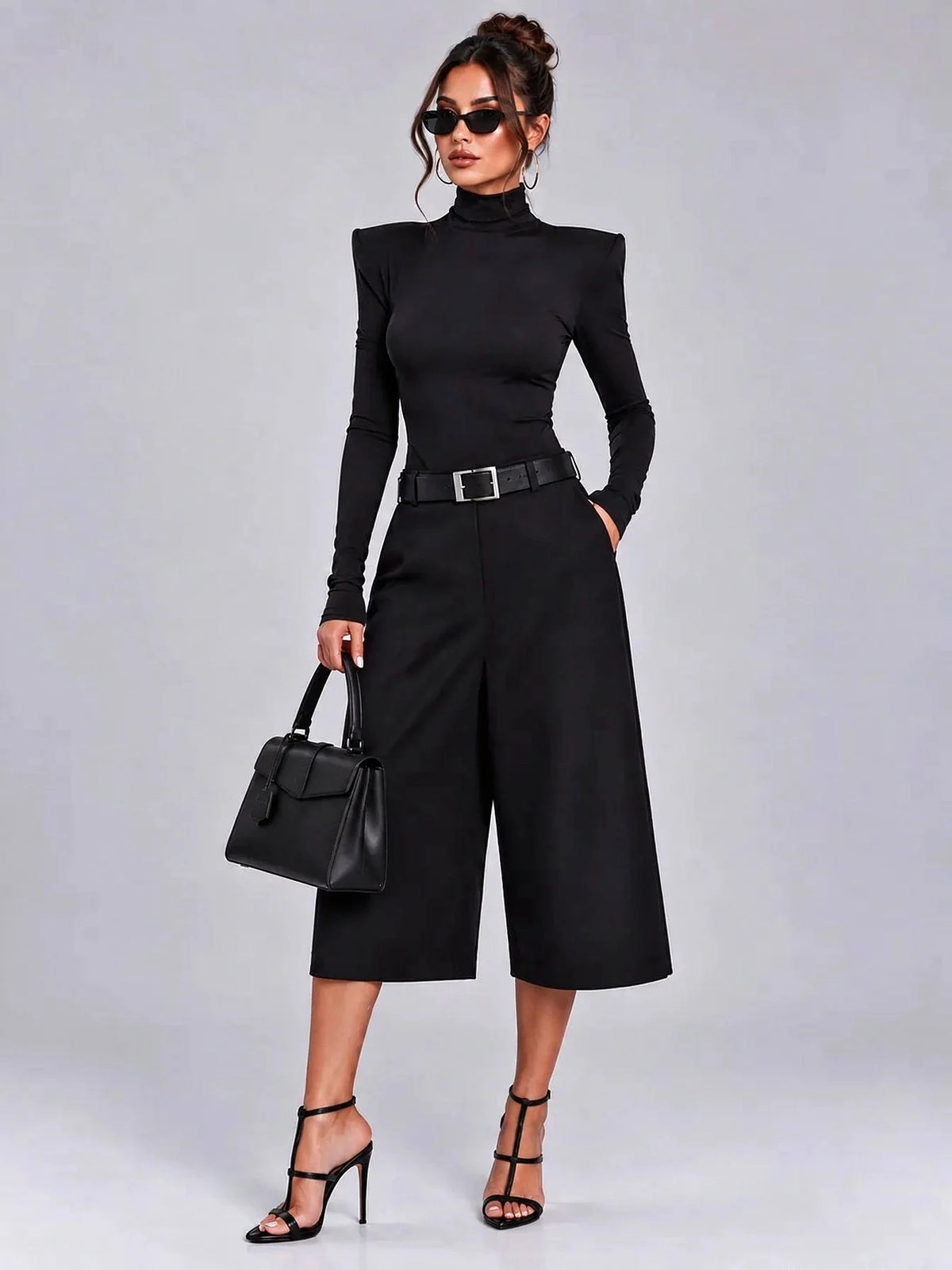Women's Black Padded Shoulder High Neck Long Sleeve Top and Bermuda Shorts Two Piece Set [erp-image:8df0385fe1deeb6436d8a5ed]