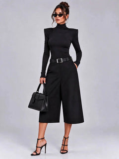 Women's Black Padded Shoulder High Neck Long Sleeve Top and Bermuda Shorts Two Piece Set [erp-image:8df0385fe1deeb6436d8a5ed]