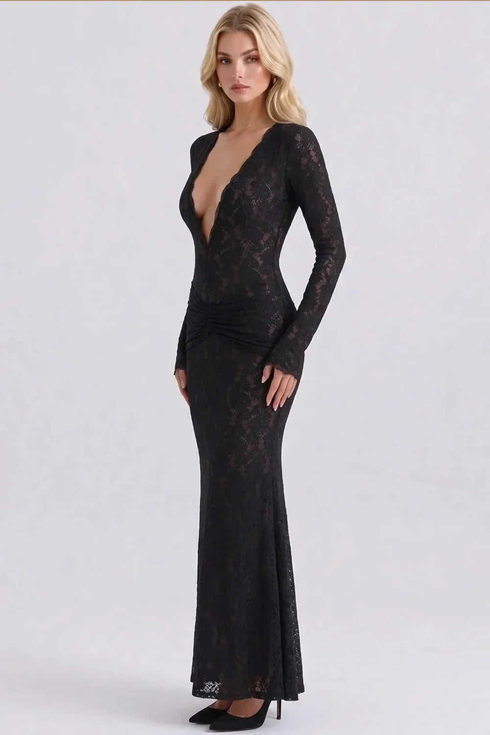 Black Lace Deep Plunge V-Neck Long Sleeve Ruched Bodycon Maxi Evening Dress [erp-image:1f9a09fbfa4cca51d153be5e]