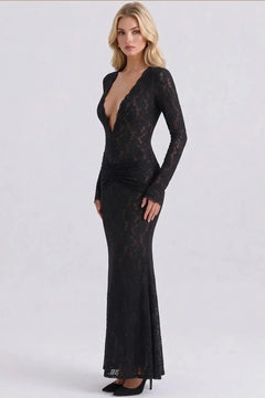 Black Lace Deep Plunge V-Neck Long Sleeve Ruched Bodycon Maxi Evening Dress [erp-image:1f9a09fbfa4cca51d153be5e]