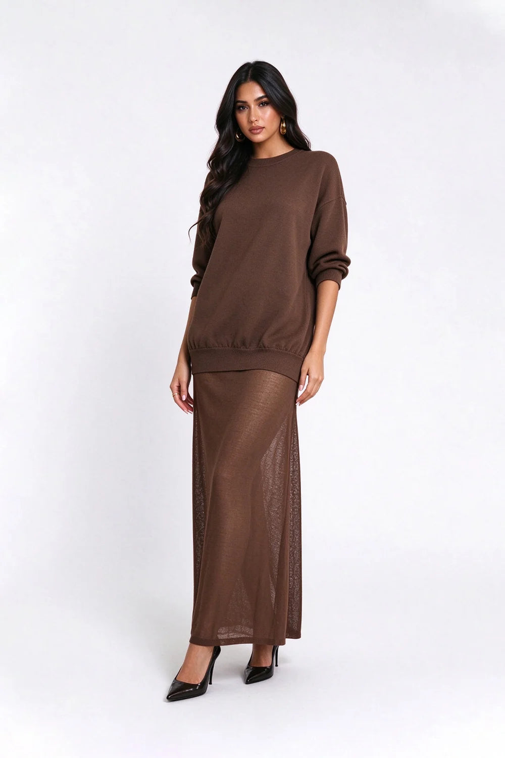 Knit Crew Neck Drop Shoulder Sheer Skirt Maxi Dress [erp-image:0e99a9c9d83e69857a3c65db]