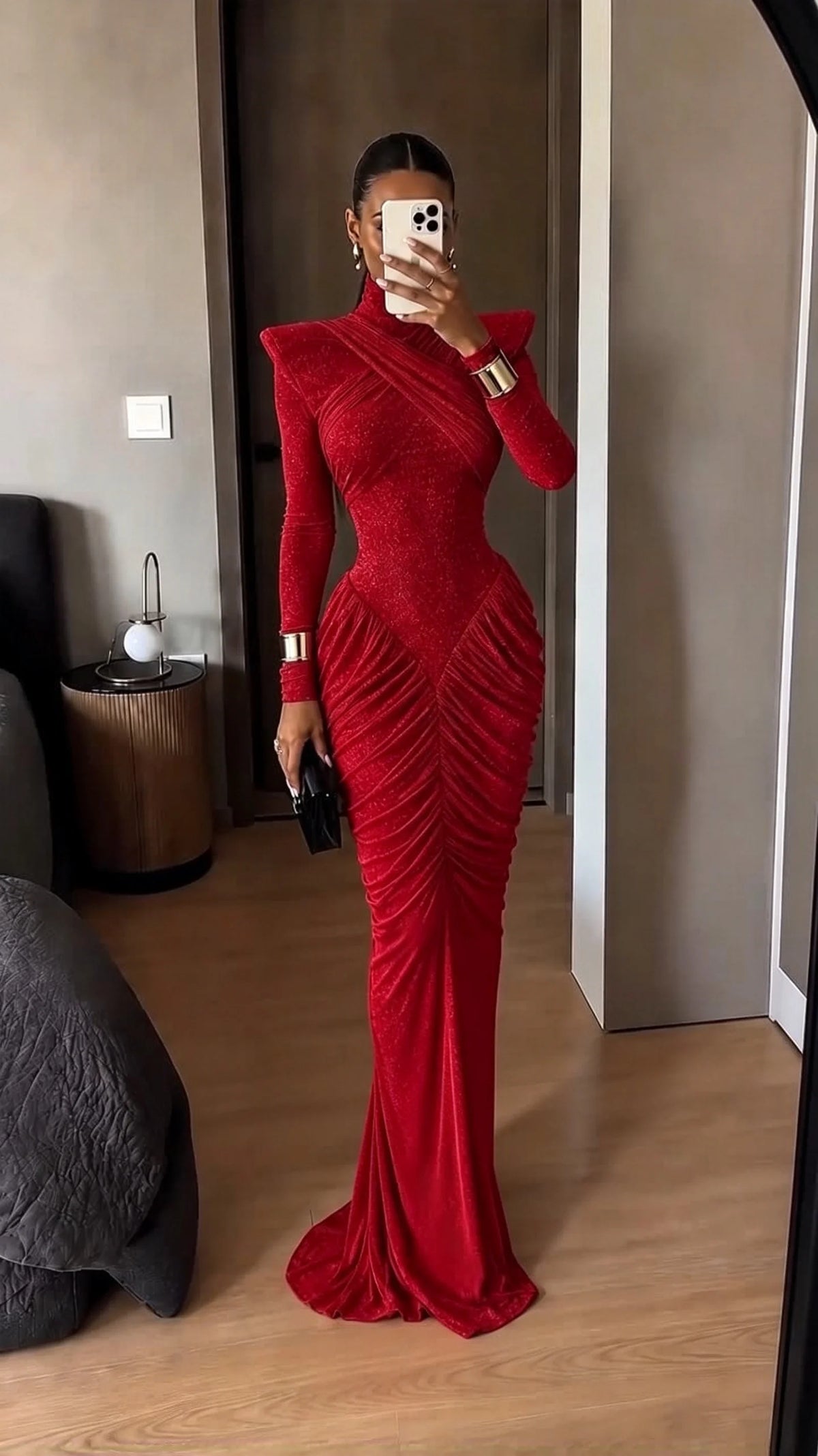 Red Glitter High Neck Ruched Long Sleeve Maxi Evening Dress with Shoulder Pads [erp-image:08b6a424896b9df63d23ef60]