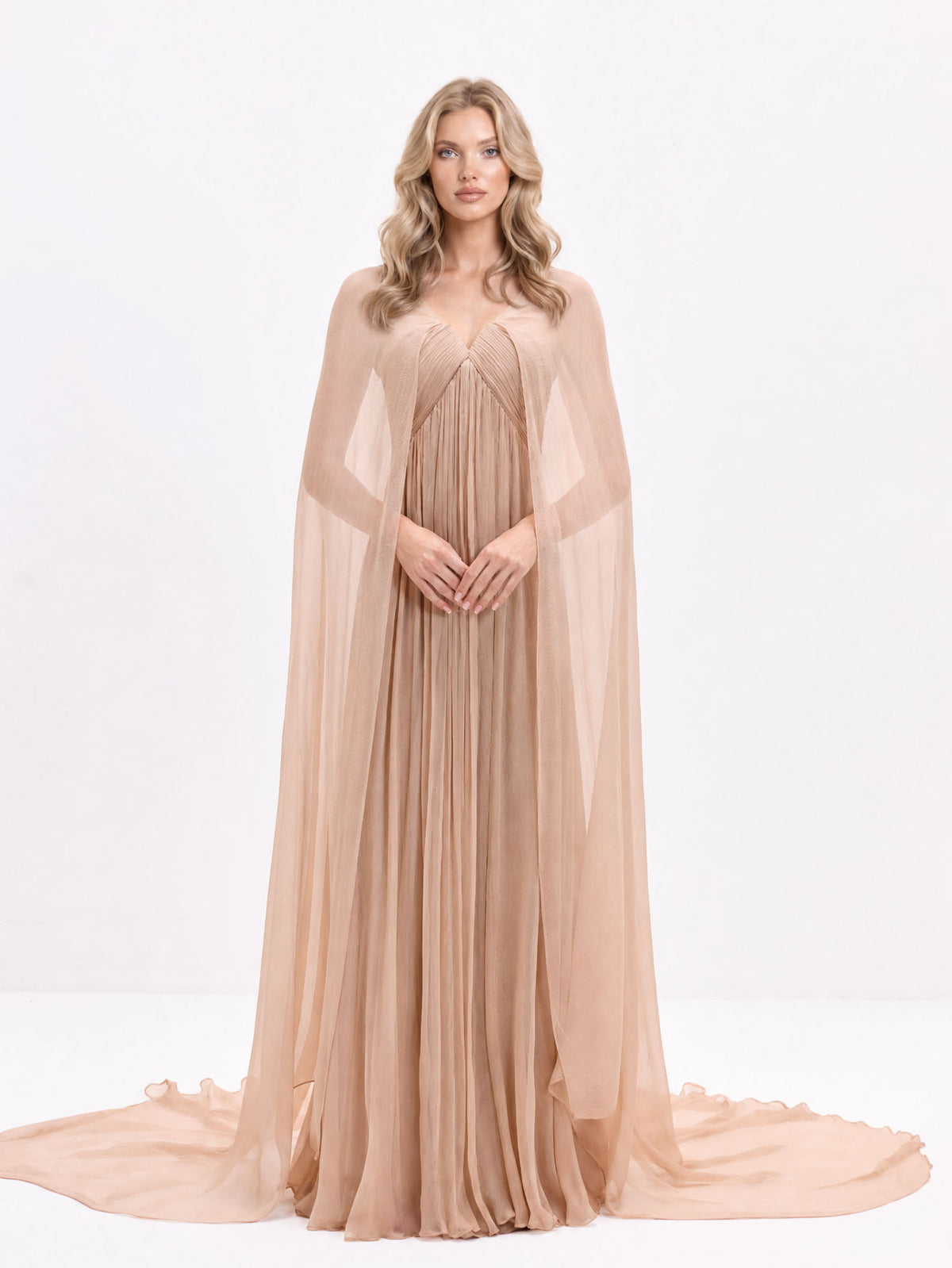 Elegant Draped V-Neck Sheer Cape Sleeve Sweep Train Maxi Dress