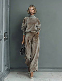 Elegant High-neck Velvet Pleated Wide-leg Pants Two-piece Set