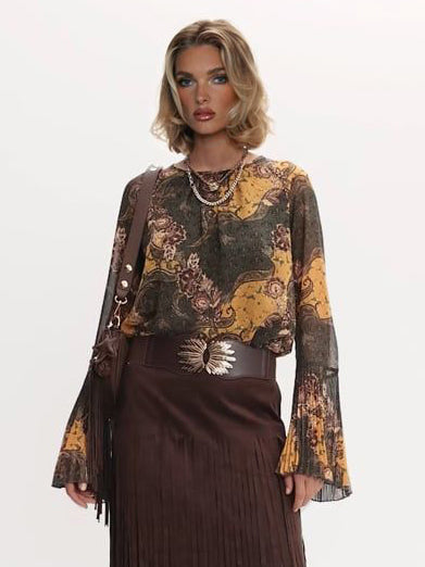 Retro Paisley Print Bell-sleeve Shirt Two-piece Set