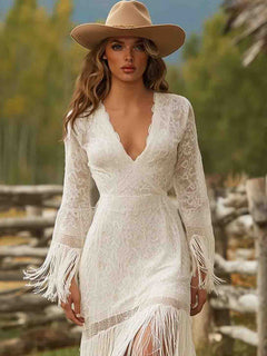 Retro Lace Irregular Tassel Maxi Dress
