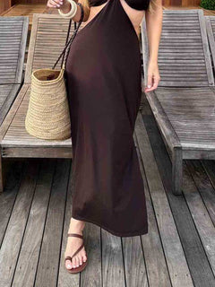 Halter-Neck Brown Bikini And Openwork Long Cover-Up Set