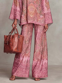 Elegant Satin Paisley Print Batwing Sleeve Two-Piece Set