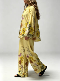 Exquisite Floral Butterfly Print Satin Two-Piece Set