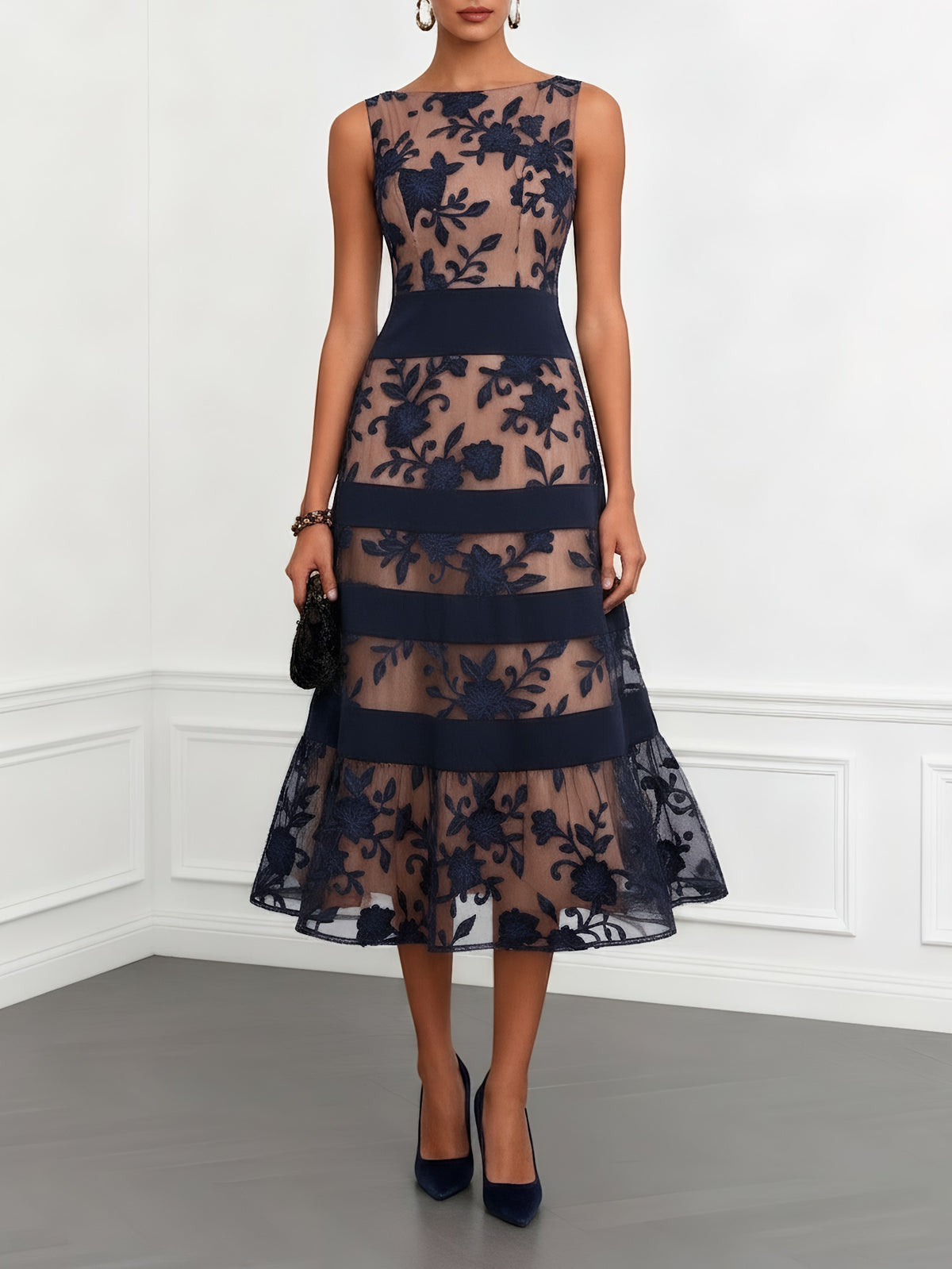 Elegant Flocked Floral Sheer Midi Dress