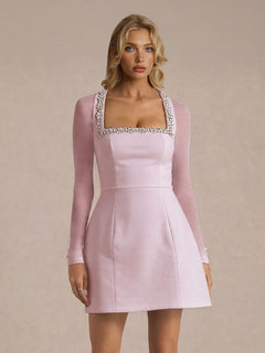 Elegant Crystal-embellished Mesh Sleeve Mini Dress