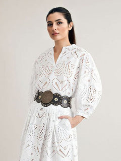 Elegant Cutout Embroidered Lace Shirt & Skirt Two-Piece Set