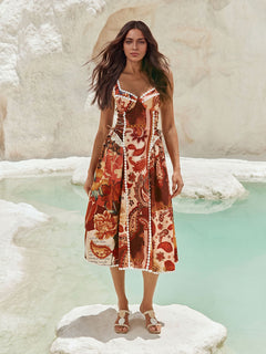 Bohemian Paisley Print Corset Midi Dress
