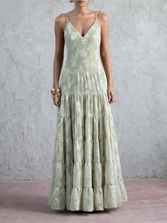 Elegant Floral Jacquard V-Neck Tiered Ruffle Maxi Dress