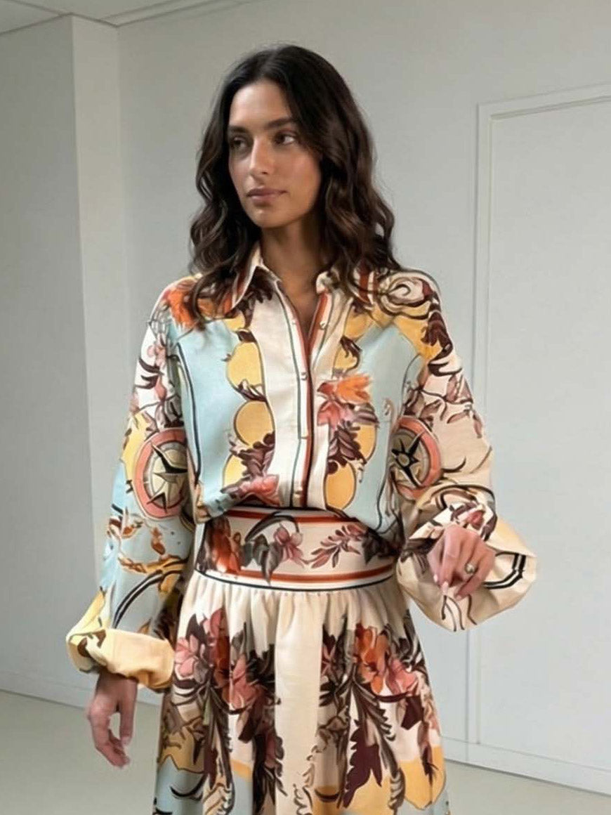 Retro Map Print Lantern Sleeve Shirt